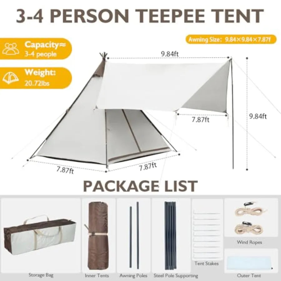 Waterproof 34 Person Camping Tent with Awning Pyramid Teepee Tents for Family 3 Season AntiUV Weatherproof Roomy Tipi Tent for