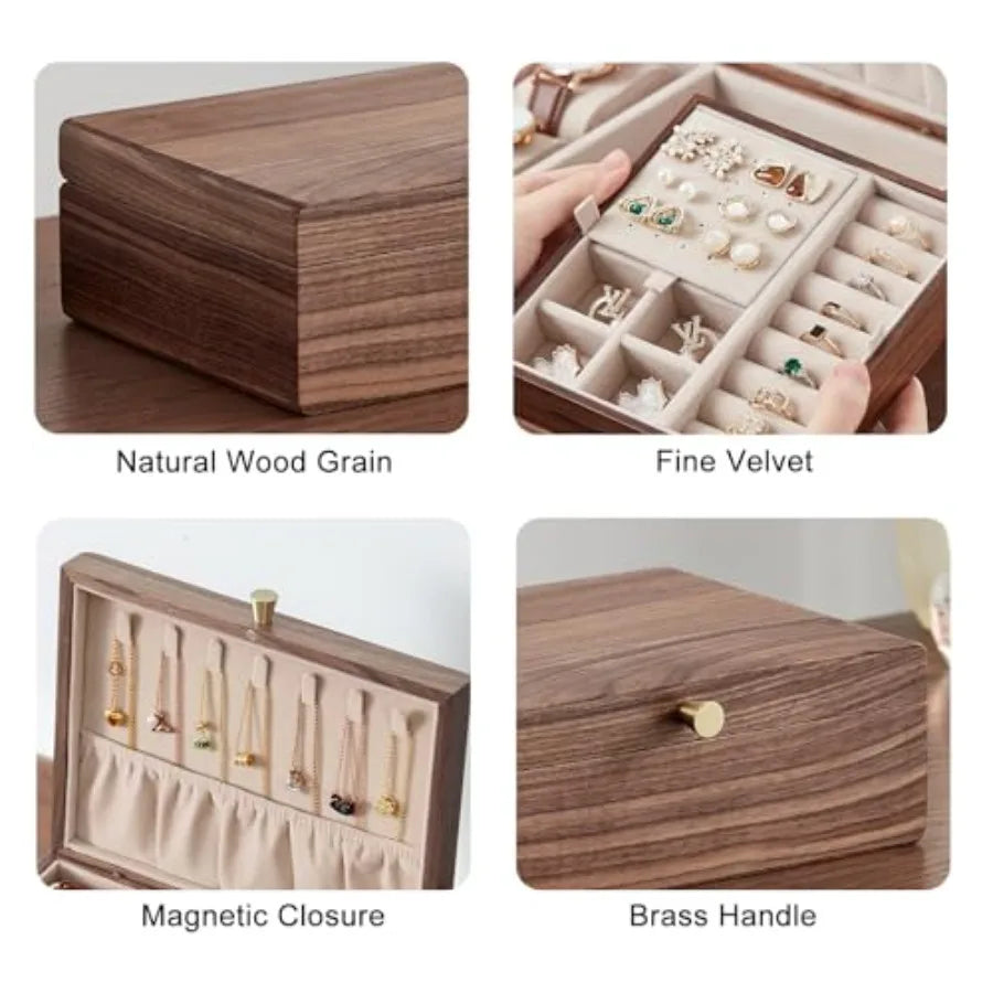 Black Walnut Wooden Jewelry Box for Women 2 Layer Jewelry Organizer with Removable Tray for Watches Rings Earrings Necklace Bra