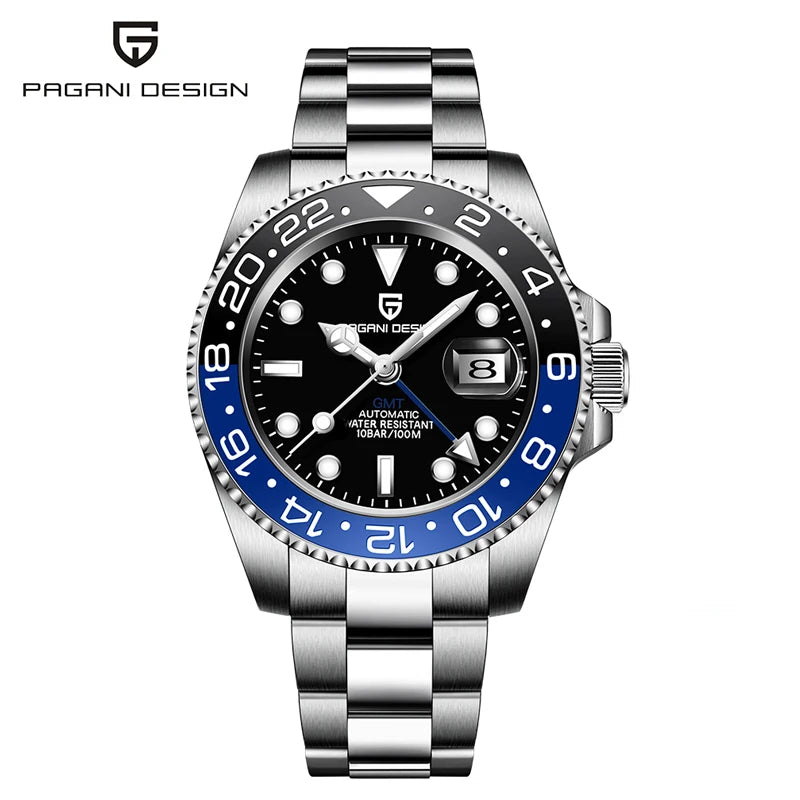 New PAGANI DESIGN GMT Automatic Wristwatch Stainless Steel 100M Waterproof Watch Top Brand 40mm Mechanical luminous Watch Men