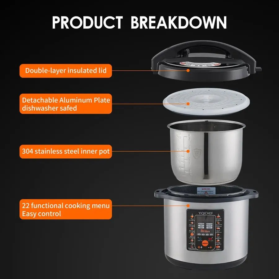 12.8Qt Commercial Electric Pressure Cooker, Digital Control, 304 Stainless steel Inner Pot, Serve for 1525 people, 1600W 120V wi