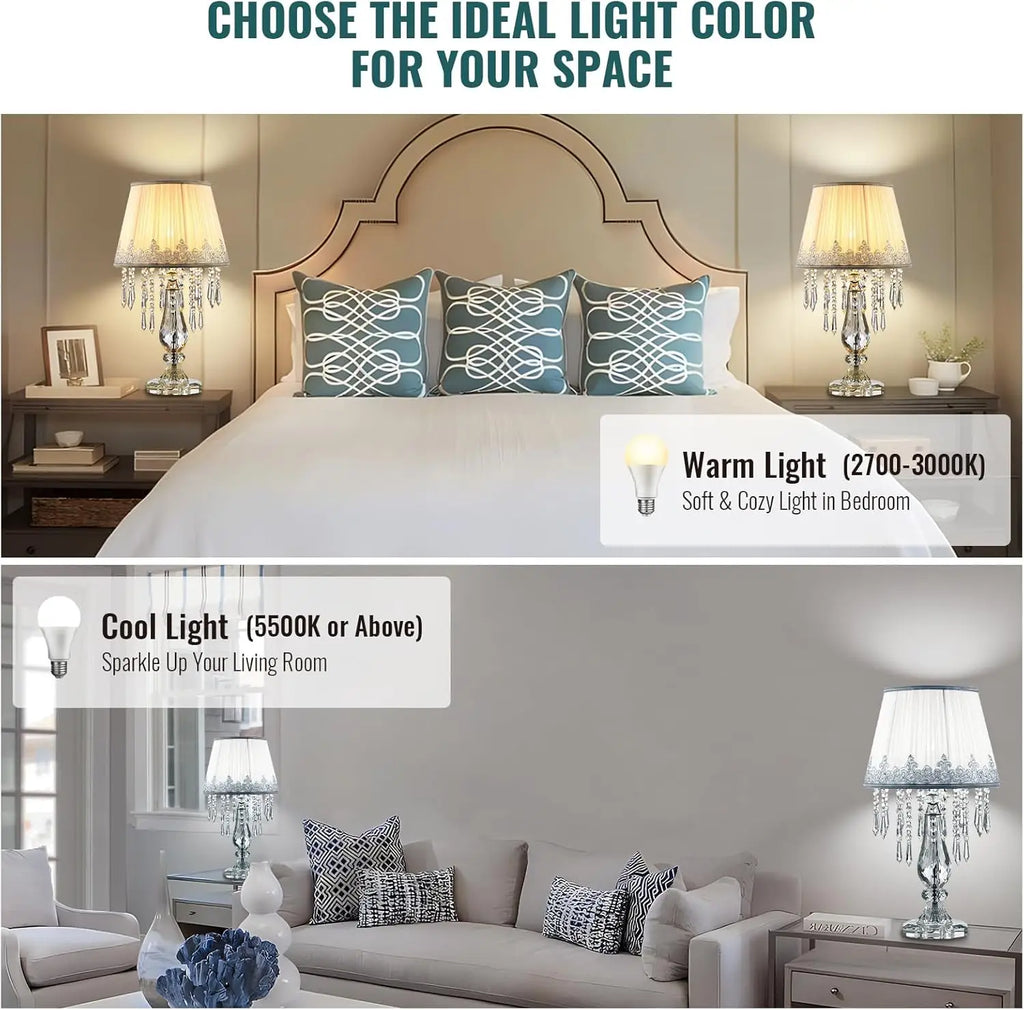 Dimmable Crystal Table Lamp Set of 2 with Fabric Shades, Farmhouse Nightstand Lamps for Living Room Bedroom
