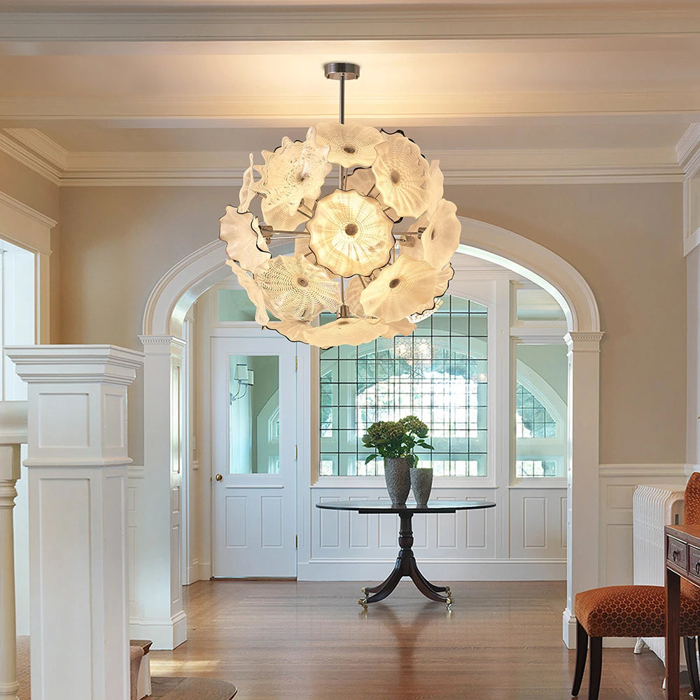 Longree Art Handmade Murano Glass Chandelier Flower Shaped LED Pendant Light for Home Entrance Hall Decorative Ceiling Lighting