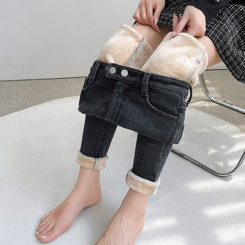 Women's Winter Fleece Jeans Skinny Stretch Thickened Warm velvet Ankle Length Pants Retro Fashion Blue Black Gray Leggings
