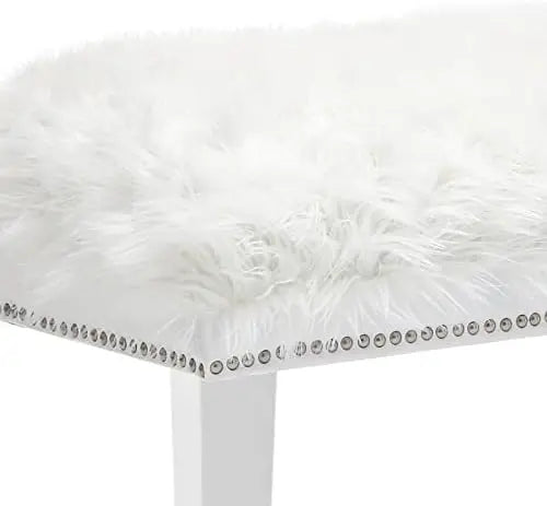 White Faux Fur Ottoman Bench with Wood Legs, Modern Entryway Bedroom Stool