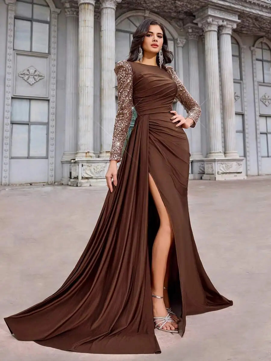 Coffee Brown Sequin Long Sleeve Ruched Fishtail High Slit Evening Dress for Gala Birthday Formal Occasion