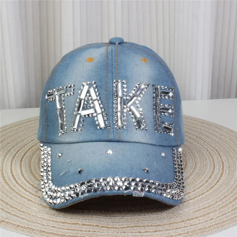 Wholesale Denim Baseball Caps Bling Rhinestone "TAKE ""LOVE" Heart  Snapback Hat A Dozen 12 pieces Mixed order