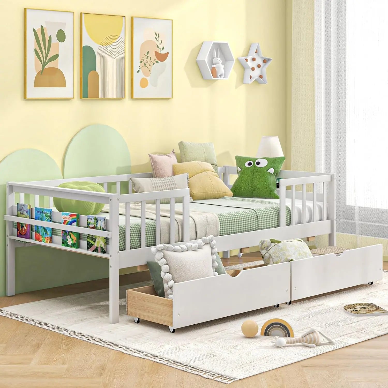 Twin Kids Bed with Storage Drawers, Wood Montessori Bed with Rails & Side Shelf, Low Daybed for Boys Girls, No Box Spring Needed
