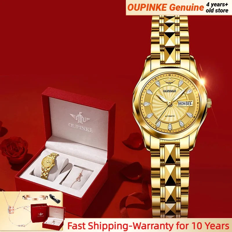 OUPINKE 3172 Mechanical Ladies' Watch Diamond Dial Auto Calendar Sapphire Mirror Imported Japan Automatic Movement  Set