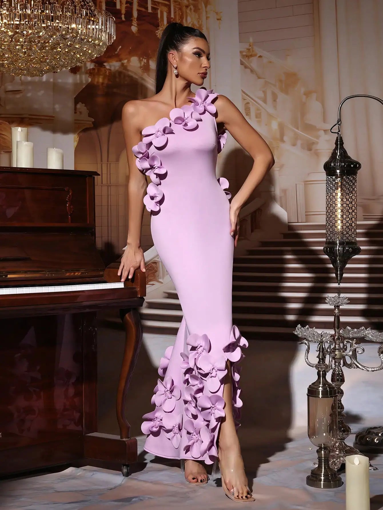 Elegant 3D Floral One-Shoulder Fitted Evening Dress for Wedding Guest Party Formal Occasion