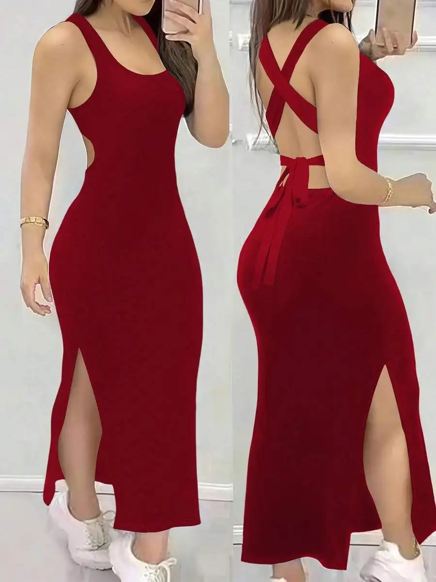 Sexy Backless Criss-Cross Strap Slit Midi Dress for Night Out