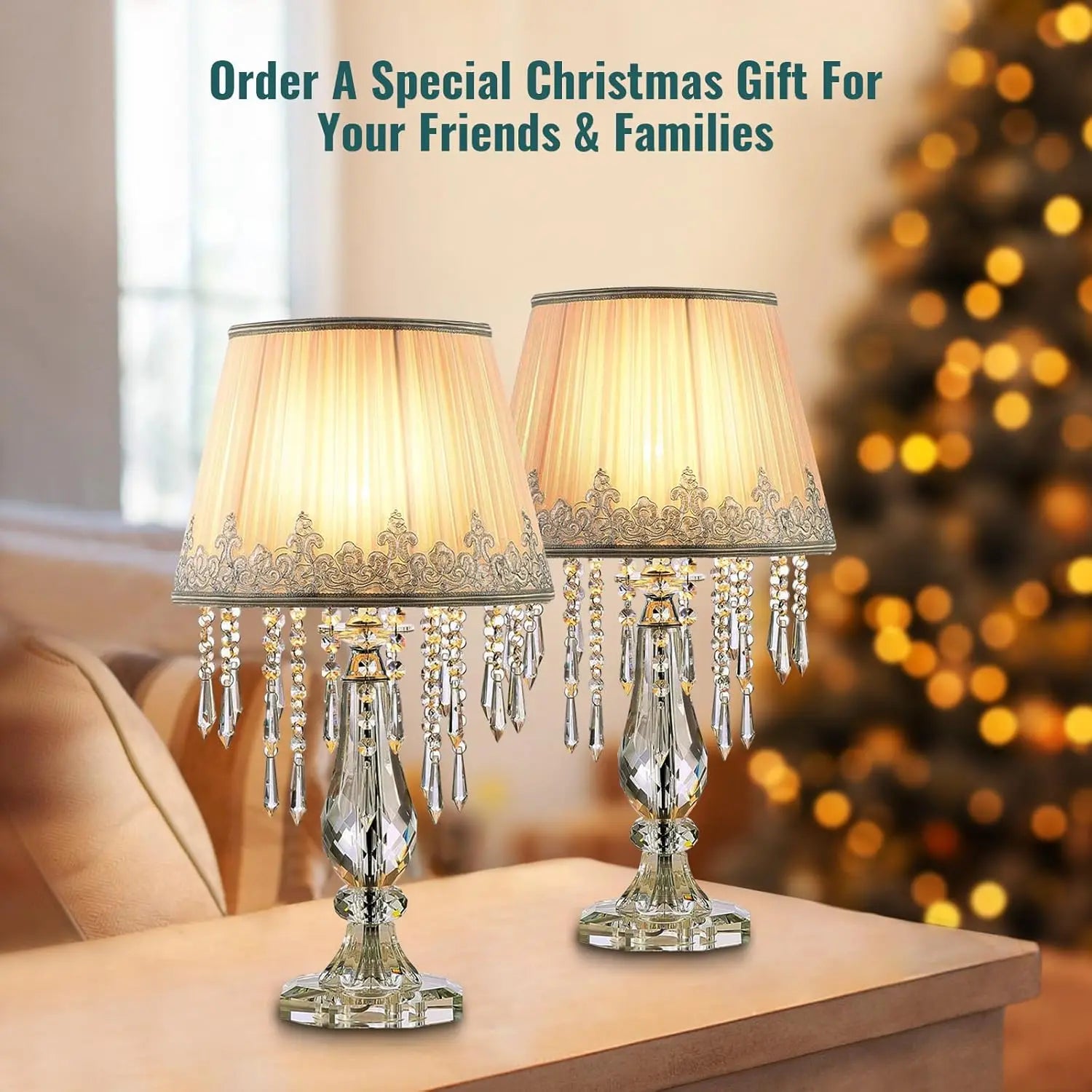 Dimmable Crystal Table Lamp Set of 2 with Fabric Shades, Farmhouse Nightstand Lamps for Living Room Bedroom