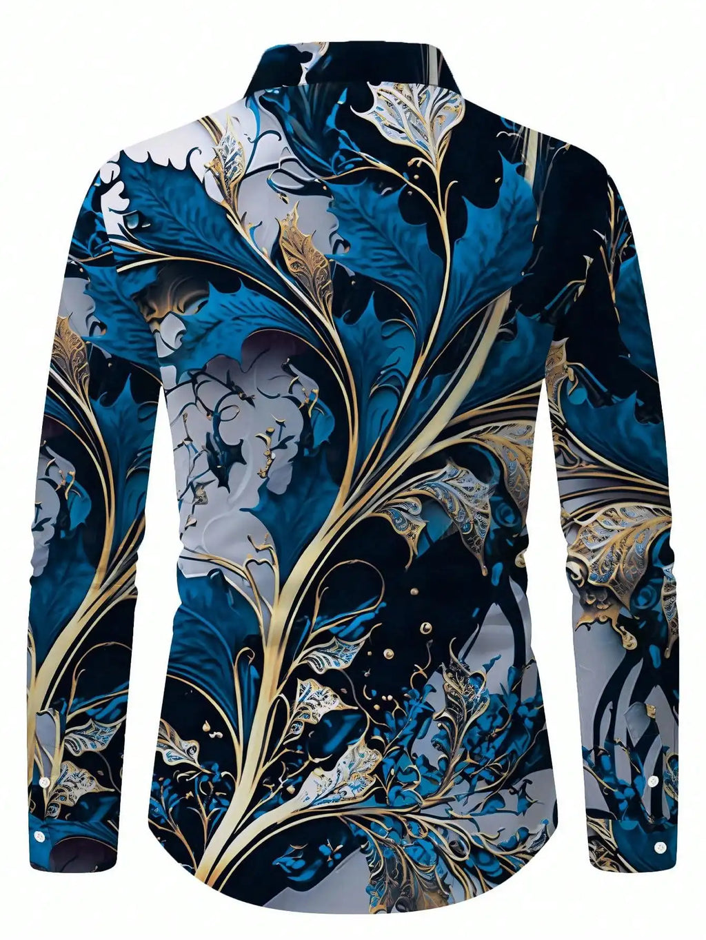 Men's Long Sleeve Shirt with Blue Gold Floral Baroque Print, Casual Luxury Fit for Spring Fall