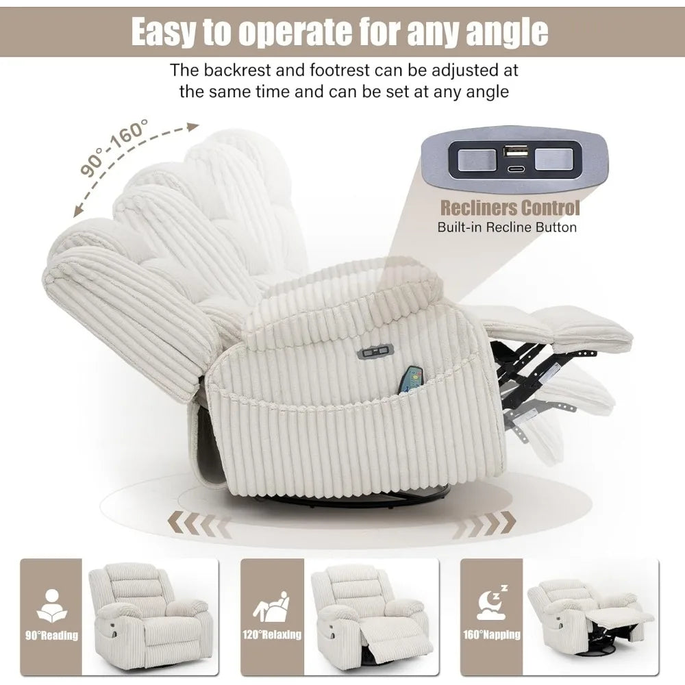 Power Swivel Rocker Recliner Chair for Adults with Massage and Heat, USB and Type-C Charging Port, Infinite Position, Electric
