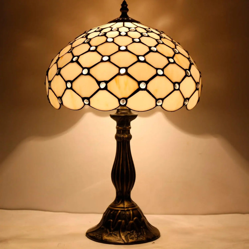 Tiffany Style Table Lamp with Stained Glass Beads, Cream Amber Shade for Bedroom Desk Reading Light 12x12x18 Inches