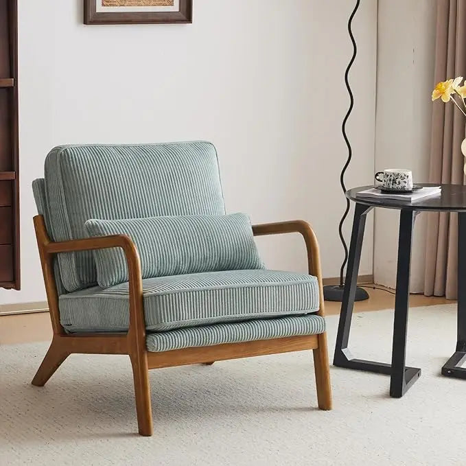 Mid-Century Modern Accent Chair, Living Room Chairs with Pillow Corduroy Upholstered Lounge Armchair with Solid Wood Frame