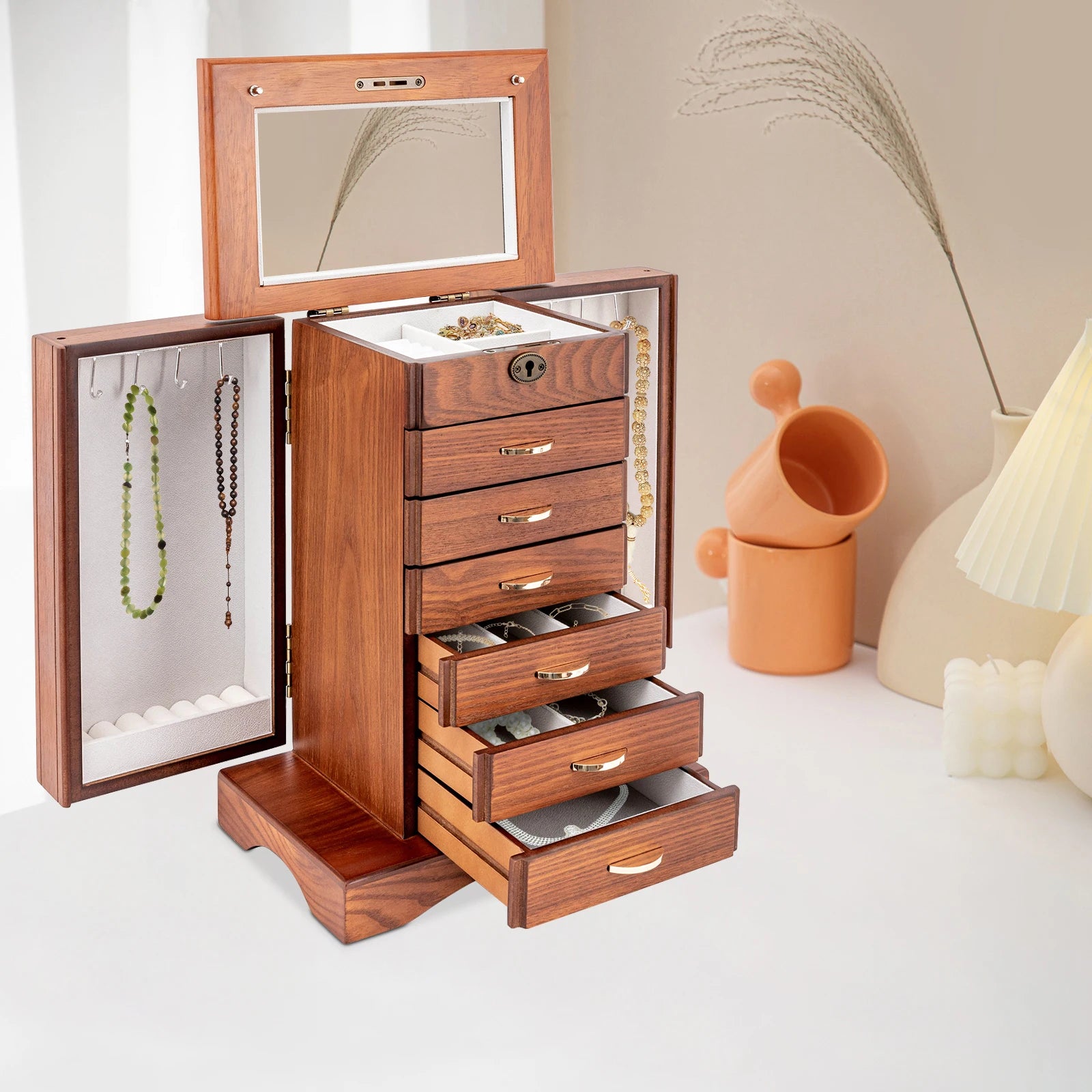 Retro Walnut Jewelry Box 7 Layers MDF Flocking Cloth Lining Rectangular Key Lock Free standing Grinding Painted
