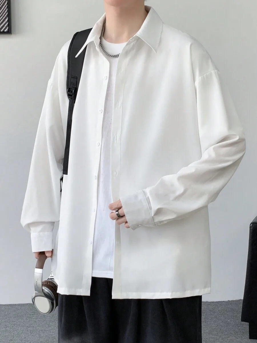 Oversized Black Drop Shoulder Long Sleeve Button-Up Shirt for Men
