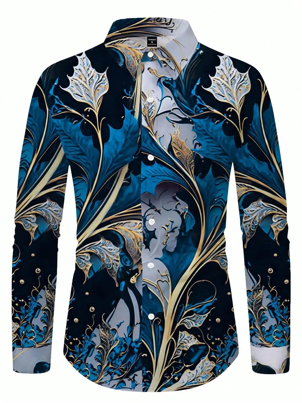 Men's Long Sleeve Shirt with Blue Gold Floral Baroque Print, Casual Luxury Fit for Spring Fall