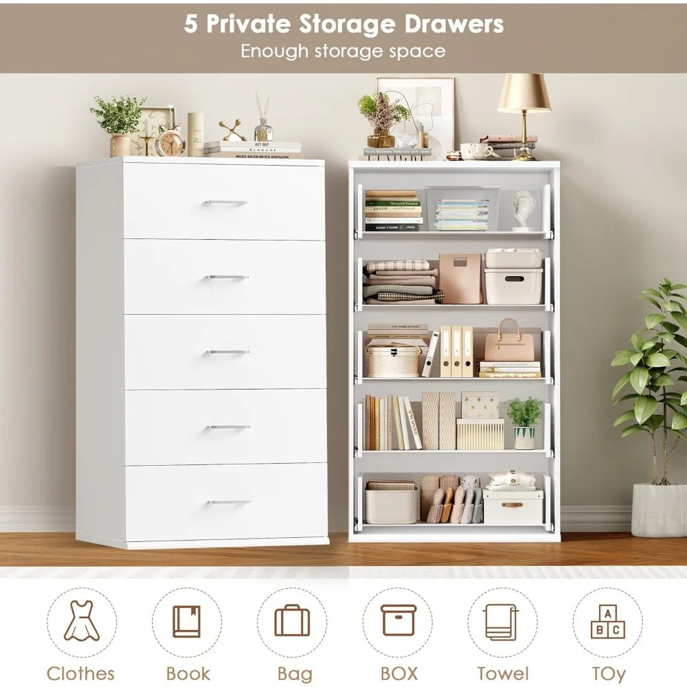 Modern Tall White Dresser with 5 Drawers, Metal Handles, Suitable for Living Room