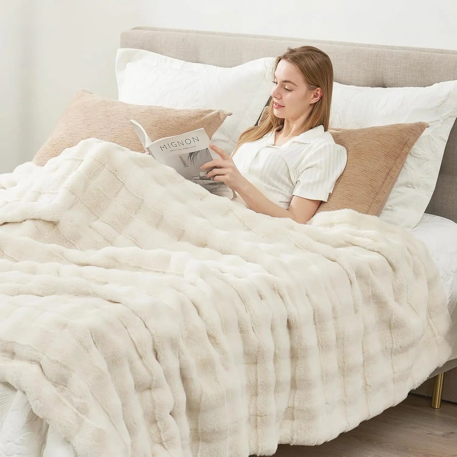 Queen Size Fluffy Faux Fur Blanket, Soft Striped Plush Throw for Bed or Couch, Cream White 90x90 Inches