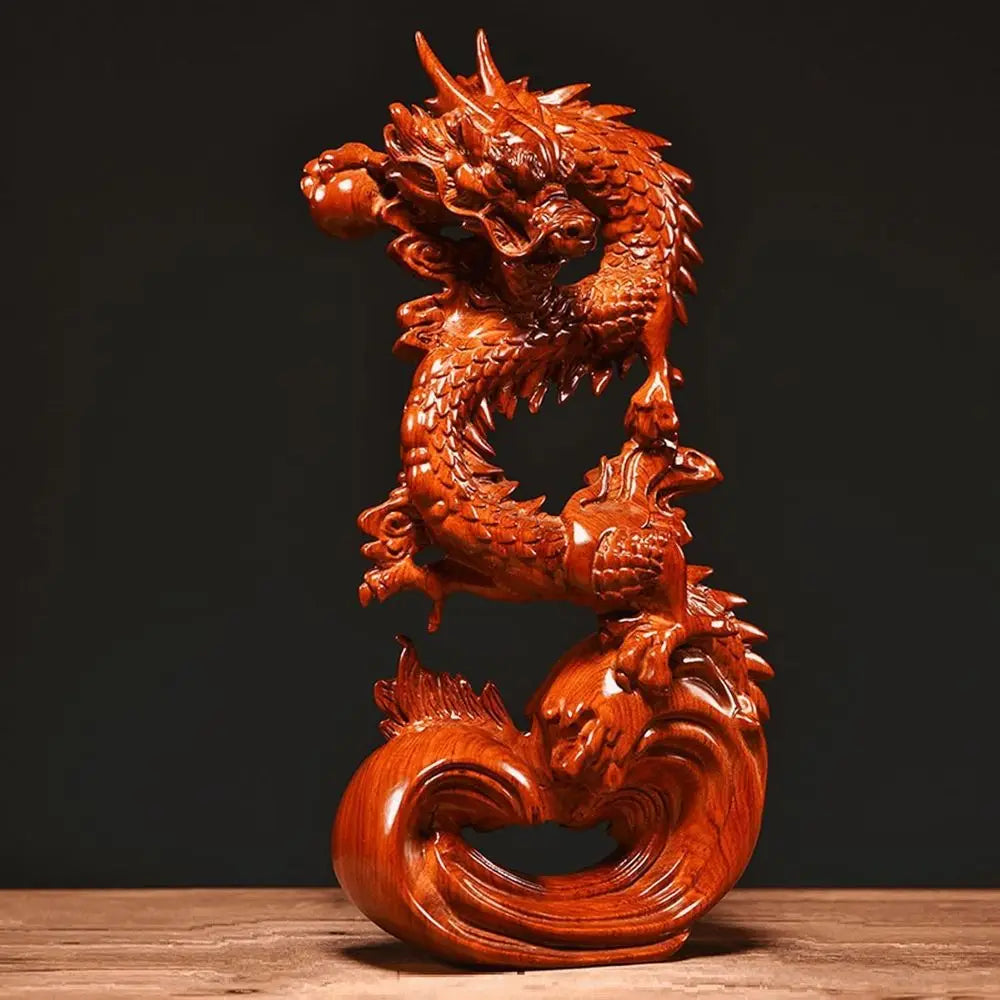 Red 11 Wood Chinese Dragon Statue: Attract Wealth & Good Luck for Home or Office Decor