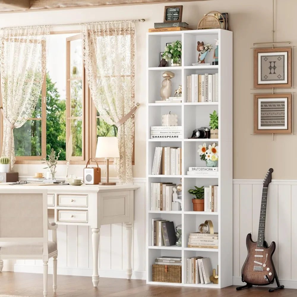 FOTOSOK 71'' White Bookshelf, Double Wide Media Tower Rack CD DVD Rack Display Cabinet with Adjustable Shelves, Tall Narrow Book