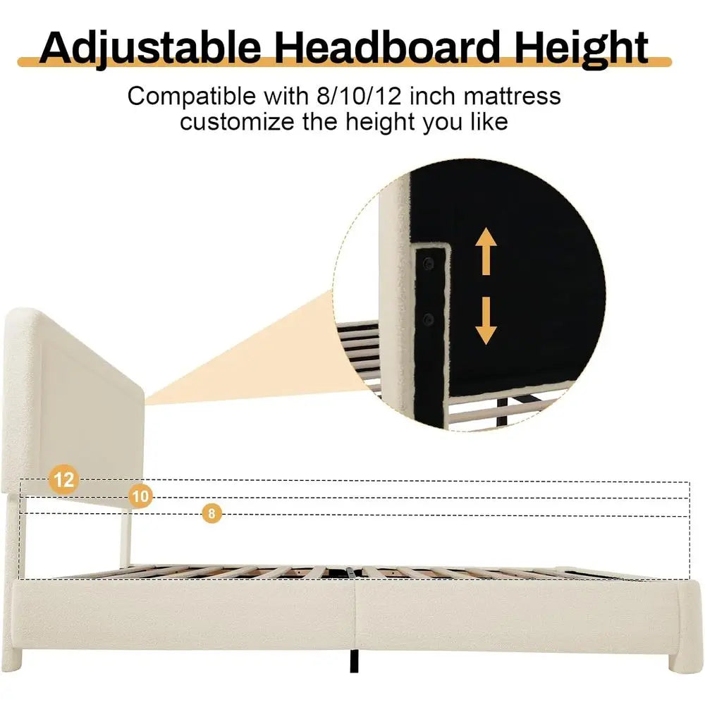 Cloud-Soft Upholstered Boucle Bed Frame with Rounded Corners, Headboard, No Box Spring Needed, Adjustable and Easy to Assemble