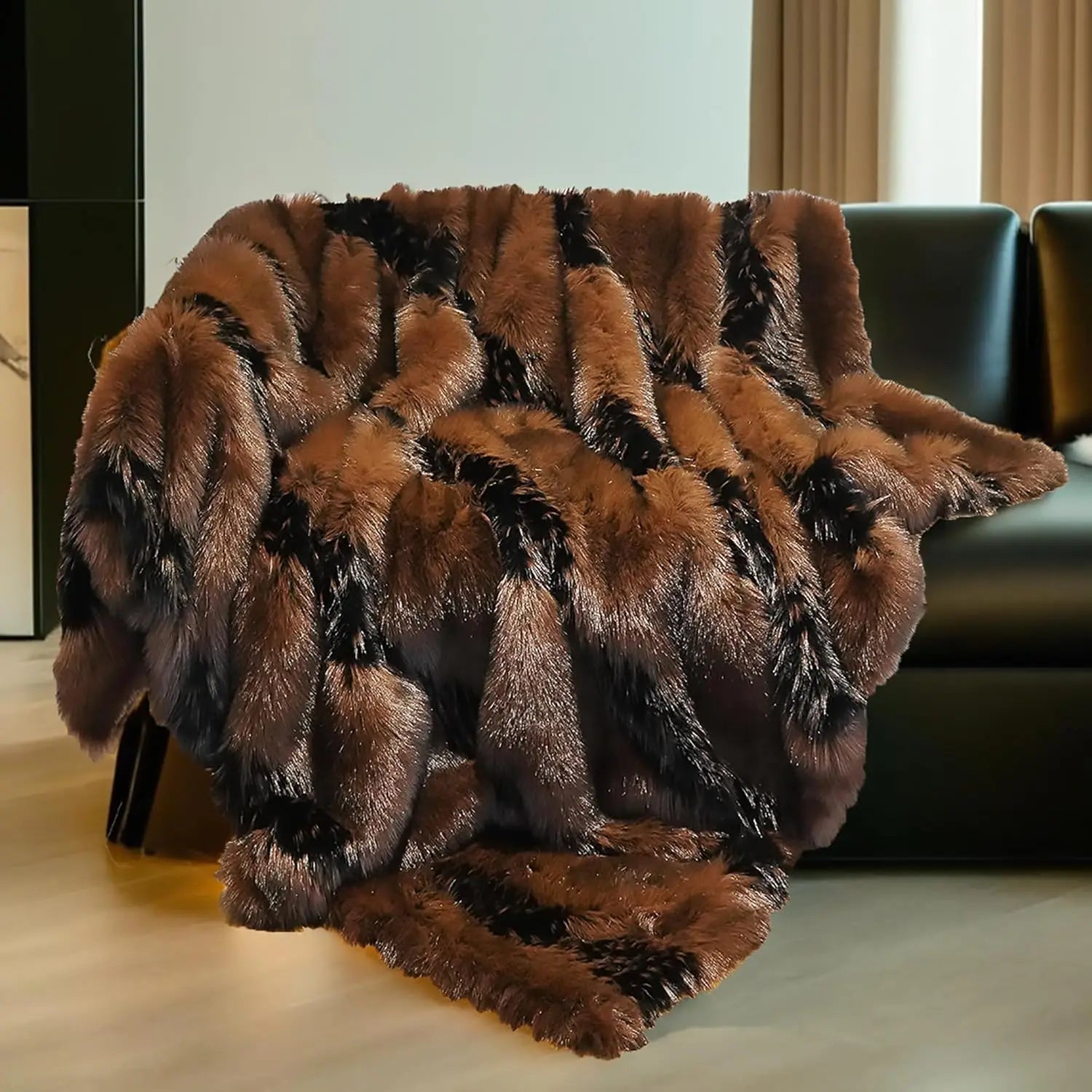 Luxury Faux Fox Fur Blanket 74x90 Brown Super Warm Cozy Fluffy Throw for Sofa Bed Washable