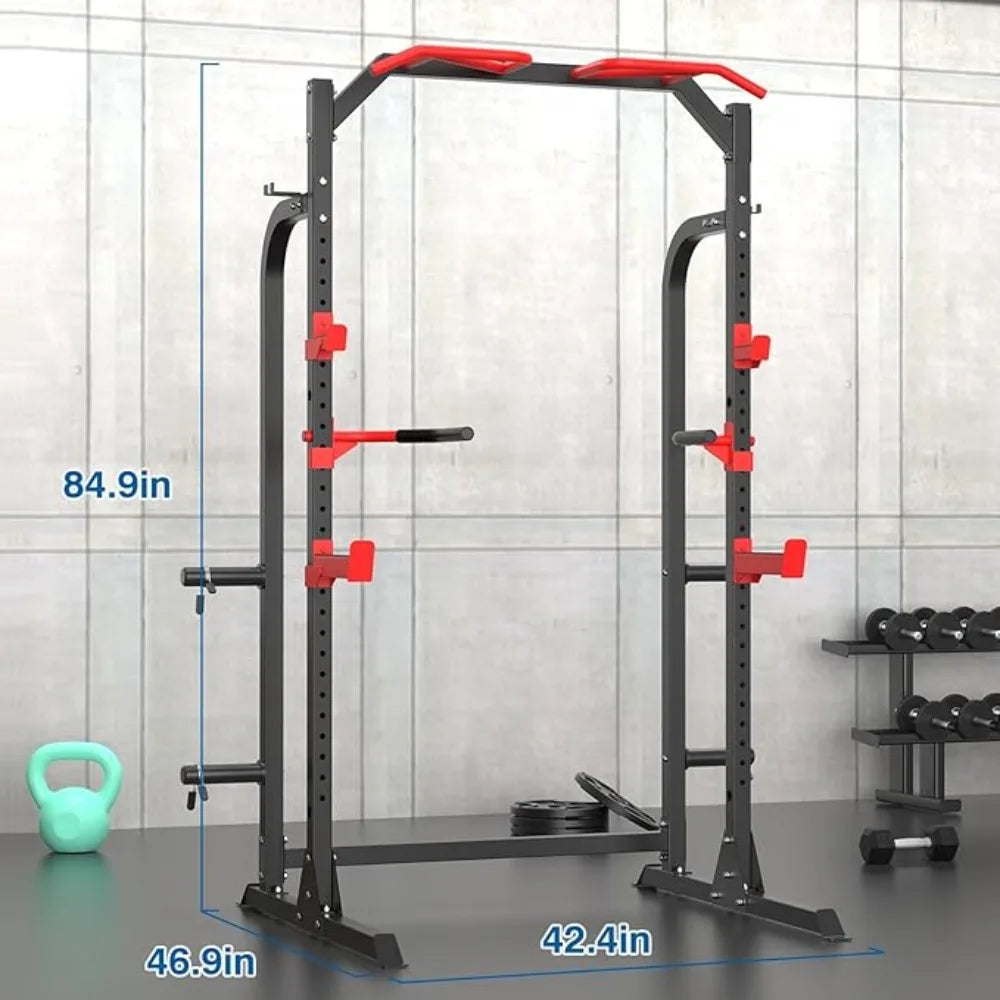Versatile Fitness Rack with Cable Crossover, J-Hooks, Dip Bars, and Plate Storage