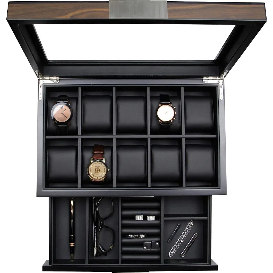 Executive Wooden Watch Box Valet Box Sunglasses and Jewelry Box Storage Organizer Sweetheart (Brown)