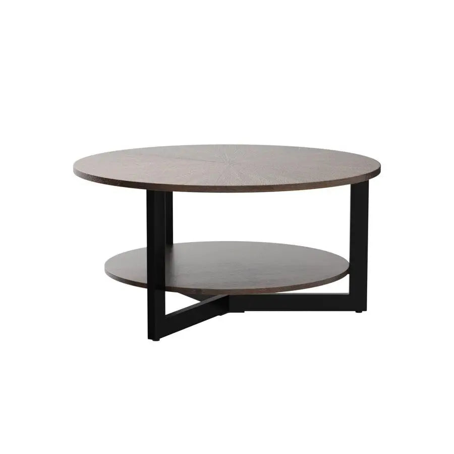 Round Coffee Table with Storage Shelf, Farmhouse Living Room Cocktail Black Metal Legs, Circular Solid Wood Center Tea Table, So
