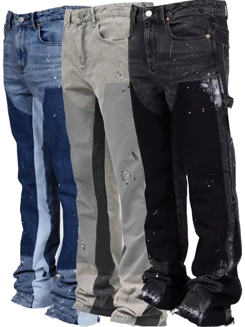 Men Painting Patch Baggy Stacked Jeans Fashion Work Wear Popular Stretch Patch Denim Stacked Flare Jeans Pants