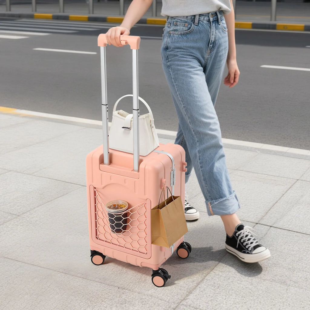 20'' Adjustable Double Handle Carry on Luggage, Protable Suitcase with Mesh Pocket, Ride on Luggage with Wheels & Tsa Lock