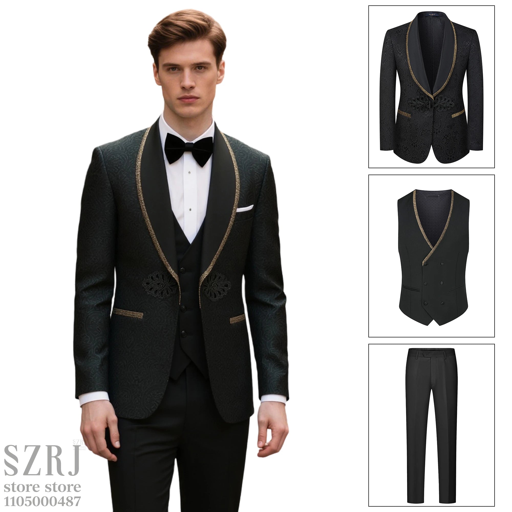 Men's Formal Tuxedo Suit Set with Shawl Collar, Vest & Trousers, Ideal for Wedding, Prom & Gala Events