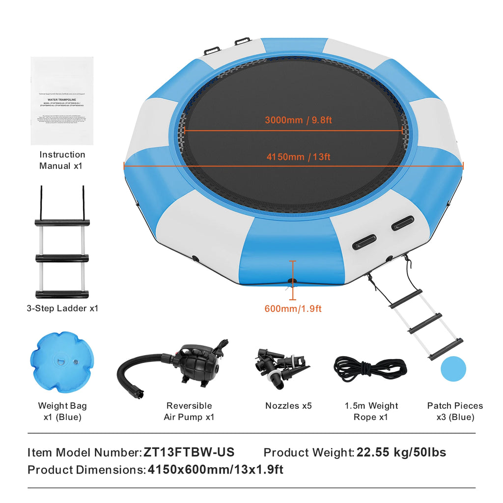 VEVOR 13ft Inflatable Water Bouncer Recreational Water Trampoline Portable Bounce Swim Platform Kids Adults Floating Rebounder