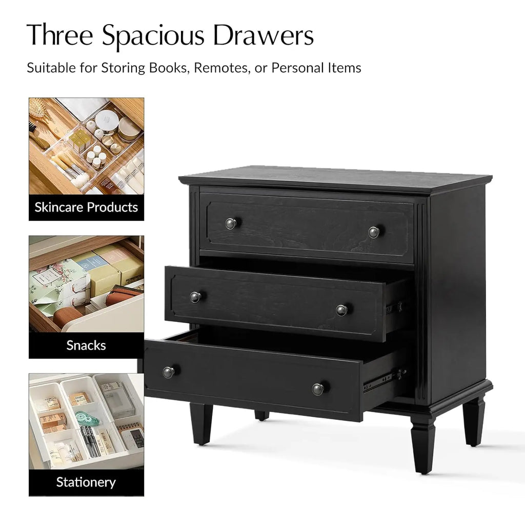 3 Drawer End Table with Charging Station Mid Century Modern Wooden Organizer with Wood Legs Black, Customized