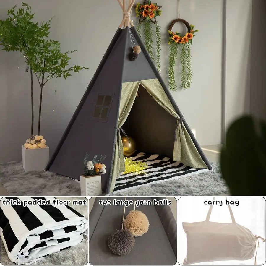 Tent for Kids Stripe Padded Mat Foldable Dark Tone Grey Play Tents for Girl and Boy with Carry Case Wooden Pole Printing Canvas