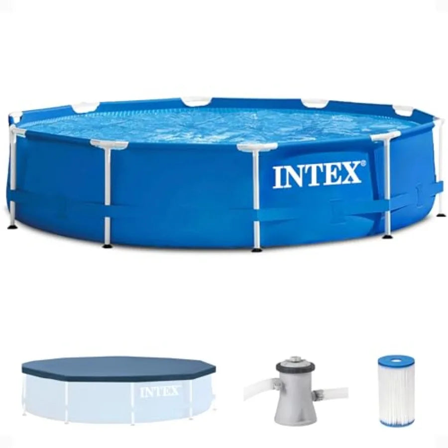 10ft x 30in Round Above Ground Outdoor Swimming Pool Set with 330 GPH Filter Pump Cartridge and Protective Round Pool Cover for