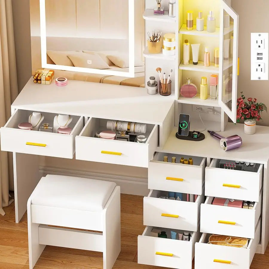 51.8 Vanity Desk with Mirror and Lights Makeup Vanity Desk with Lights 3 Colors Large White Vanity Dresser RGB 8 Drawers with Ch
