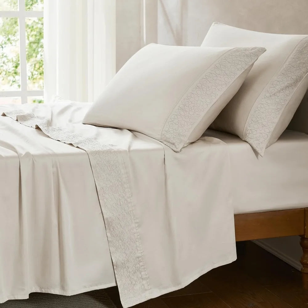 Lush Decor x Chuks Collins Path Cotton Sheet Set 4 Piece Set Queen Cream - Queen Bed Sheets- Cotton - Off White - Luxury