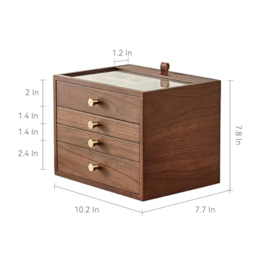 Black Walnut Wooden Jewelry Box for Women Wood Jewelry Organizer 4 Layer with Glass Lid and Pull-out Necklace Storage Layer for