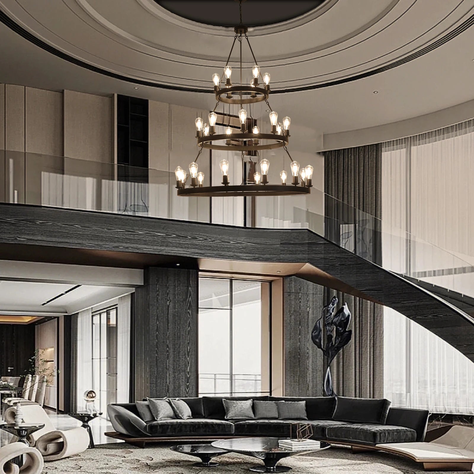 Industrial 3-Tier Metal Chandelier Adjustable Height Ceiling Light for Living Dining Room