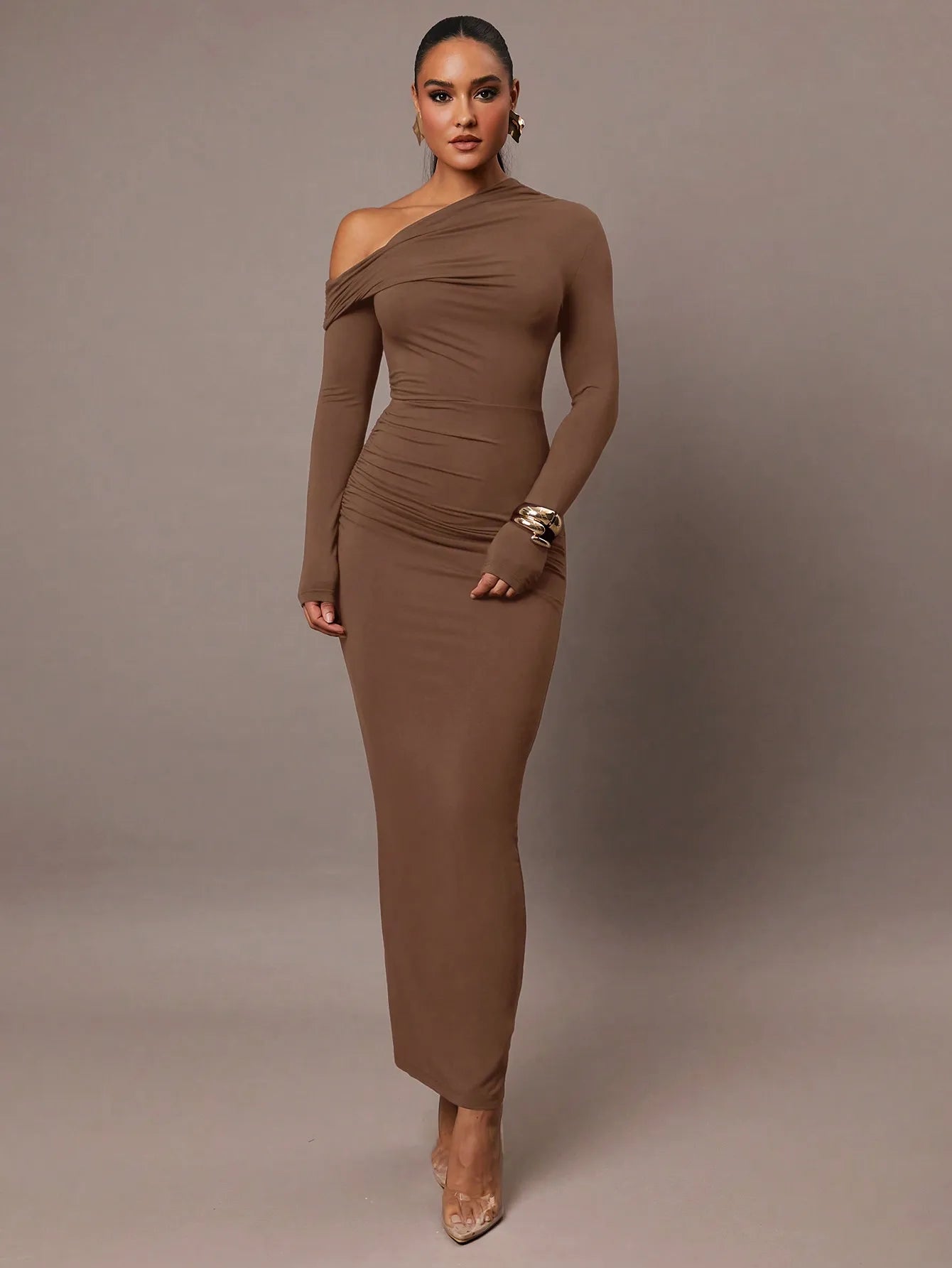 Solid Color Stretch Knitted, Sloping Shoulder Collar, Romantic Date, Autumn And Winter Bottoming Knitted Dress,