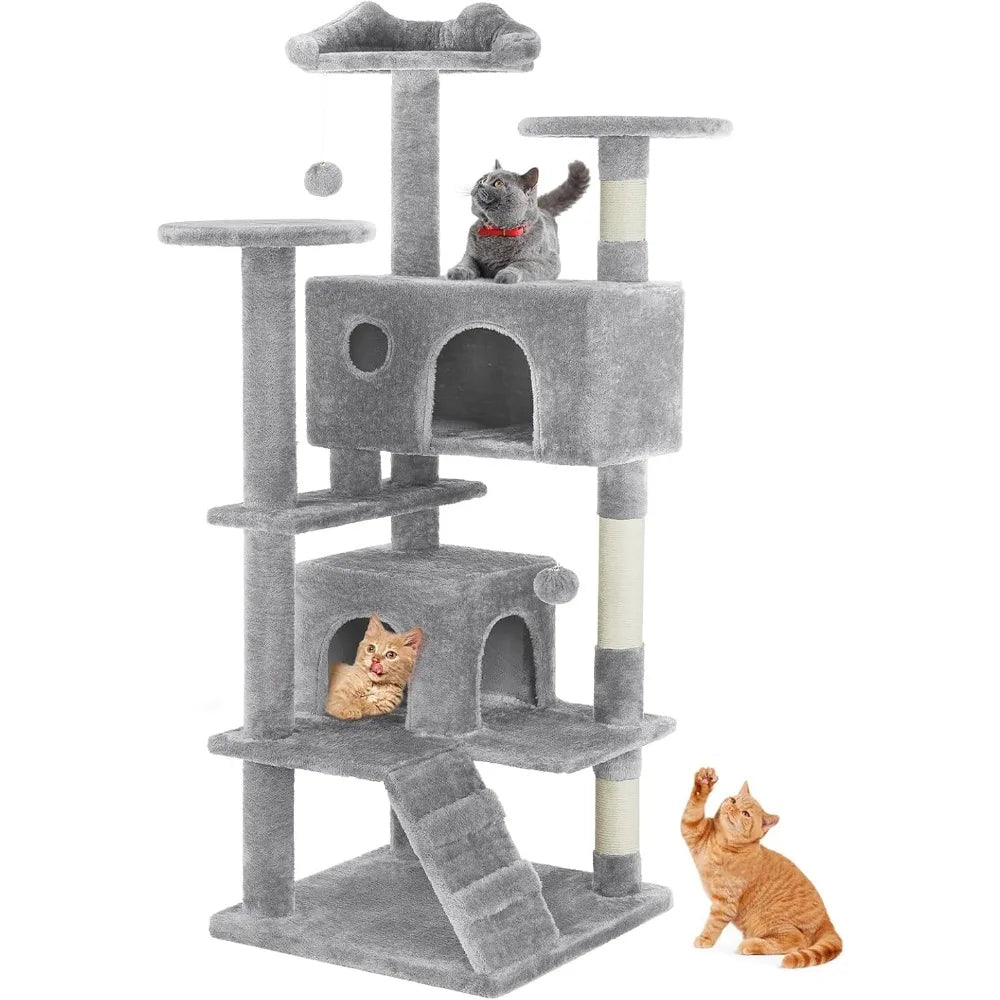 54-Inch Multi-Level Cat Tree Tower with Scratching Post, Climbing Ladder, Plush Toy, and Play House in Light Grey