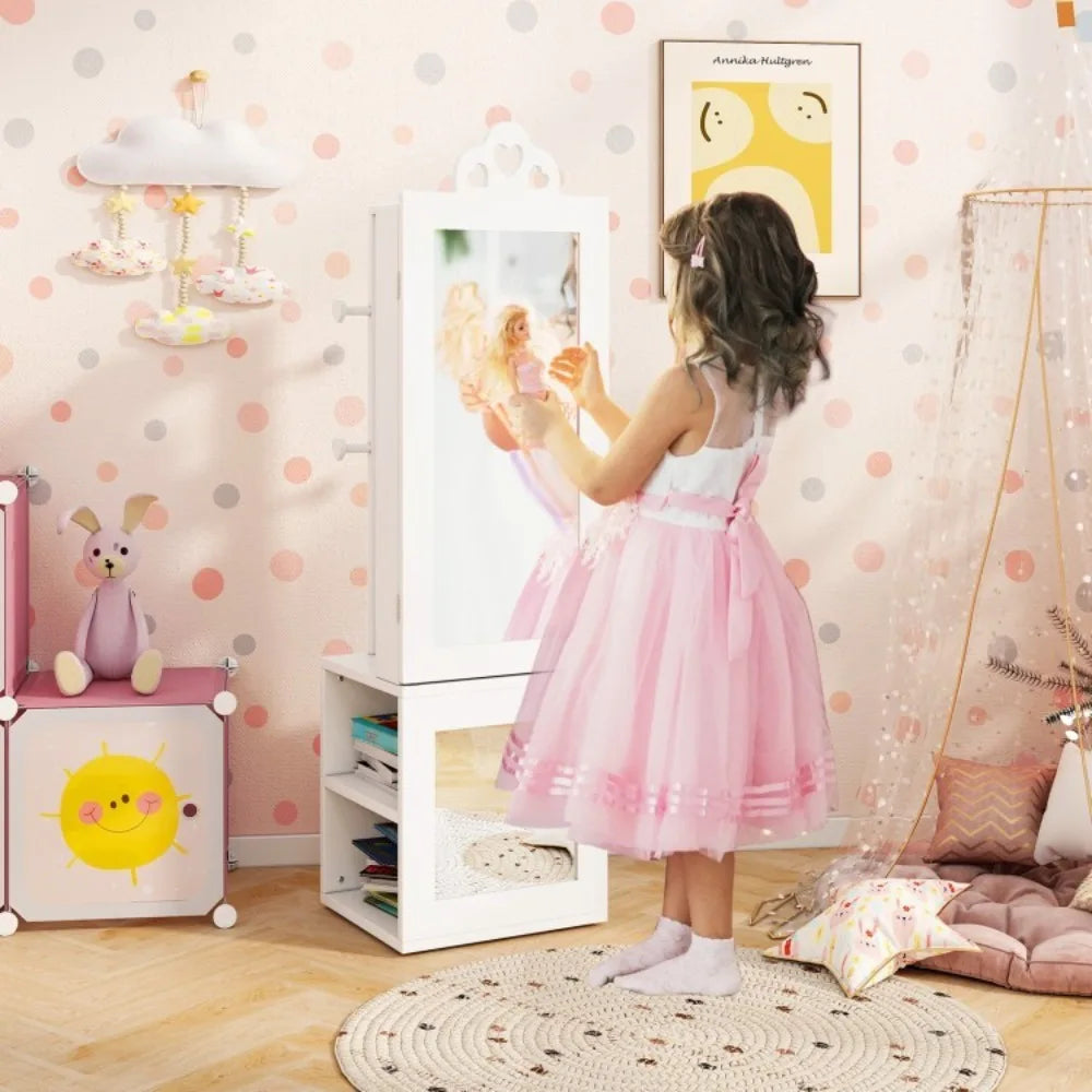 3-in-1 Kids Freestanding Jewelry Organizer Cabinet Armoire w/Full Length Mirror