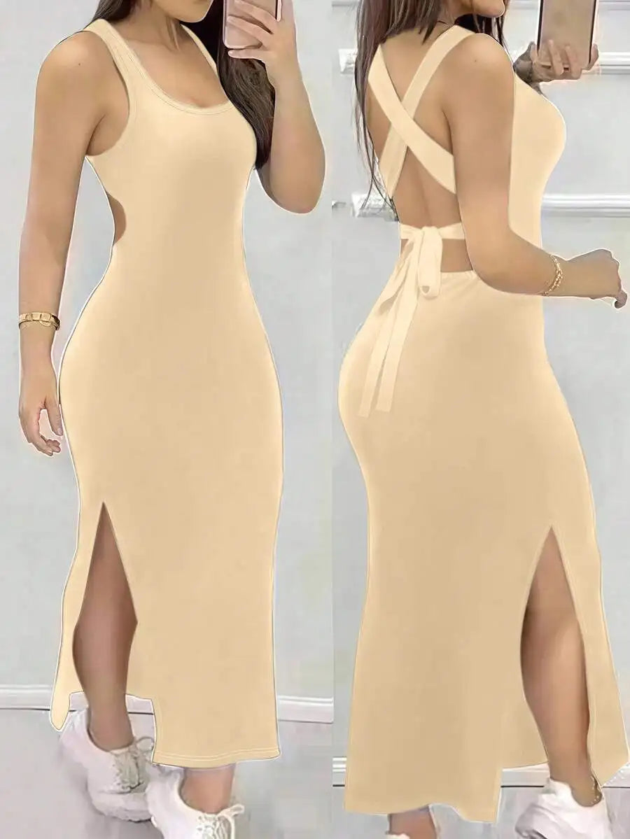 Sexy Backless Criss-Cross Strap Slit Midi Dress for Night Out
