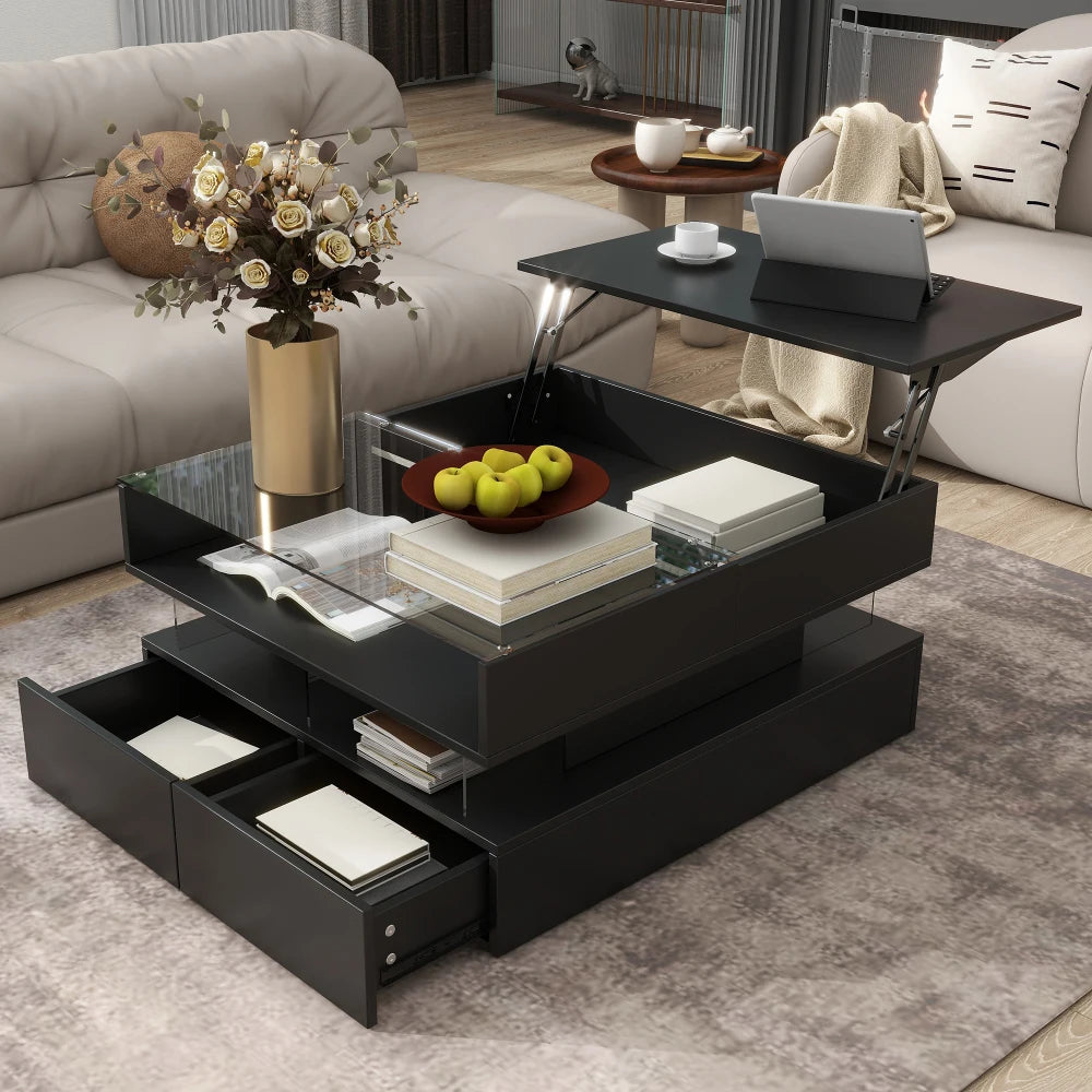 Lift-Top Coffee Table with 2 Drawers, Modern Square Coffee Table with Glass Top for Living Room