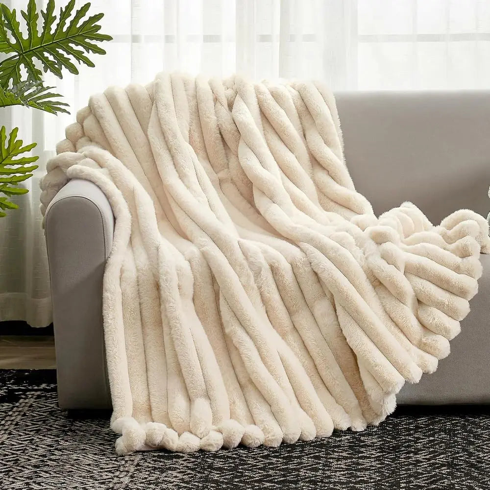 Cozy Plush Striped Faux Fur Throw Blanket, 108x90 Inches, Beige for Sofa, Couch, Bedroom, Living Room