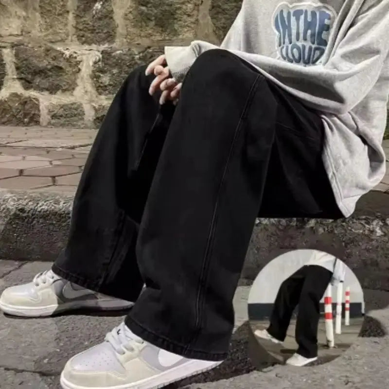 025 New Men's Jeans Korean Version Student Casual Pants High Street Straight Loose Wide Leg Jeans Black Grey Blue Baggy Jeans