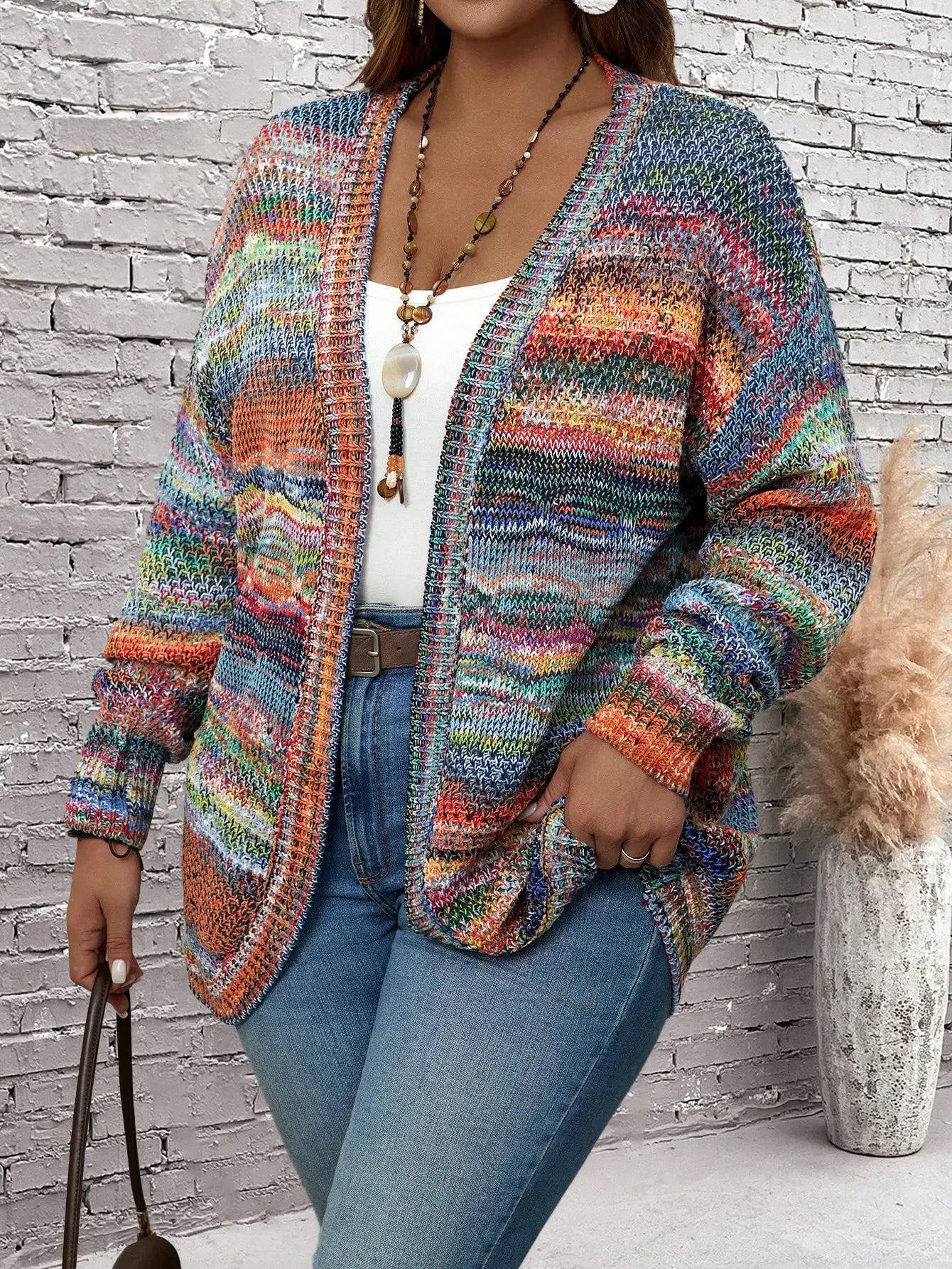 Plus Size Allover Print Casual Knitted Long Sleeve Cardigan, For Winter Fall